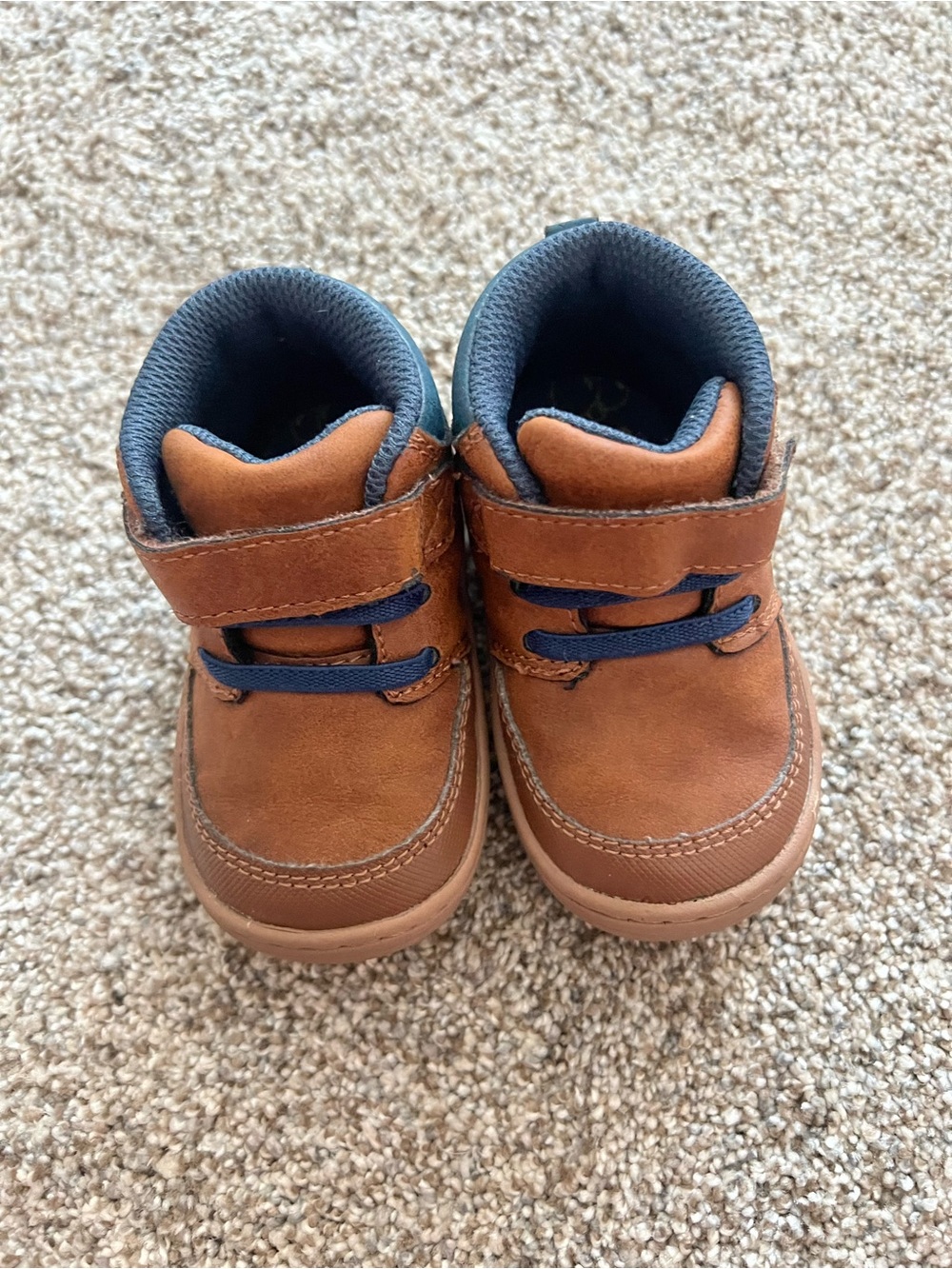 Baby Brown Leather-Look Hook & Loop Boots with Navy Trim